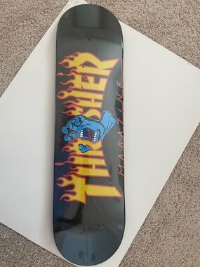 Thrasher Black Deck with Yellow Flame Logo and Blue Screaming Hand